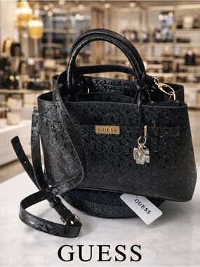 GUESS Black Logo-Embossed Satchel Jerica with Gold Hardware